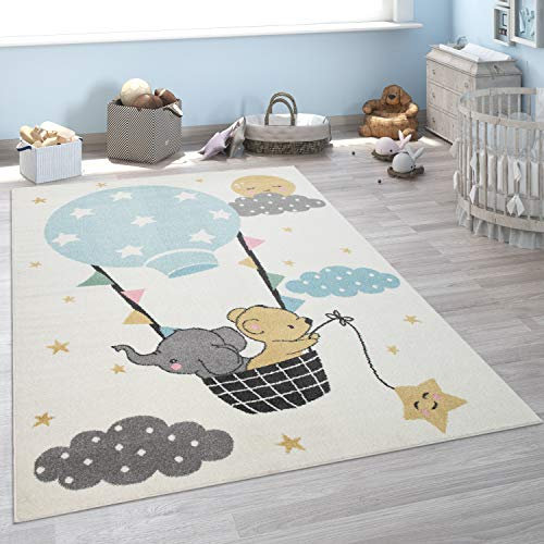 Paco Home Kinder-Teppich, Kurzflor Für Kinderzimmer, Elefant, Bär, Balon, Mond, in Beige, Grösse:120x160 cm