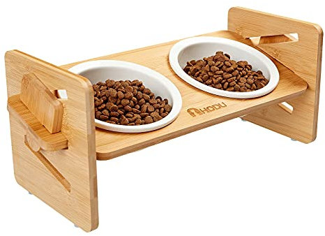 HODU Premium Futternapf für Katzen & kleine Hunde - Höhenverstellbar - mit 4 x Rutschfesten Silikonen - 2er Set Keramik-Schüssel - Futterstation, Hundenapf, Fressnapf, Katzennapf, Napfset – Erhöht