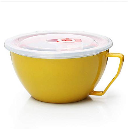 Lankater 1pc 600ml Soupe Bols avec Poignées De Couvercle, Récipient en Plastique en Acier Inoxydable-Leak Proof Aliments Riz Bols Soupe Aux Nouilles (Jaune)
