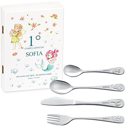 Maverton Set di 4 posate per bambini con incisione + scatola in legno con stampa personalizzata - motivo animali - idee regalo per battesimo bimba - sirena