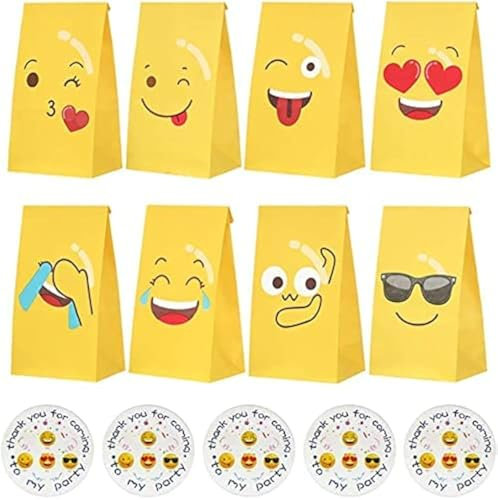 24 Stück Papiertüten,Emoticons Papier Candy Tüten,Partytüten Papier,Tüten Papier Geschenk,Geschenktüten zum Befüllen,Papiertüten für Kindergeburtstag Mitgebsel.…