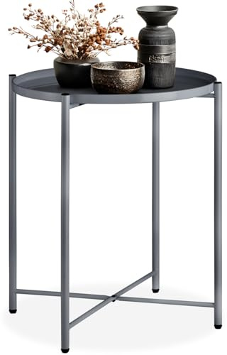 tectake® Tisch rund, Beistelltisch Metall, Kleiner Tisch, Couchtisch Coffee Table für Wohnzimmer, Nachttisch Schlafzimmer, Balkon Möbel, abnehmbare Tischplatte - dunkelgrau