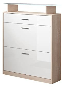 MB Muebles Bonitos, Recibidor Zapatero Paola con Luz LED para Recibidor, Diseño Moderno, Melamina Brillo y Mate, Color Sonoma y Blanco, 89x105x24 cm