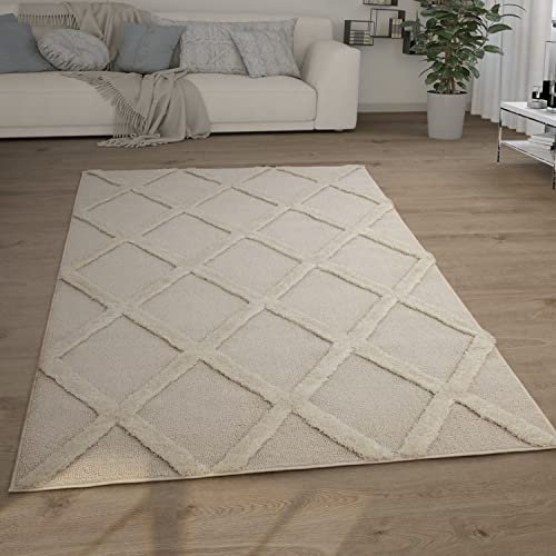 Paco Home Hochflor Teppich Wohnzimmer Shaggy 3D Optik Ethno Boho Vintage Look Weich, Grösse:120x160 cm, Farbe:Creme 5