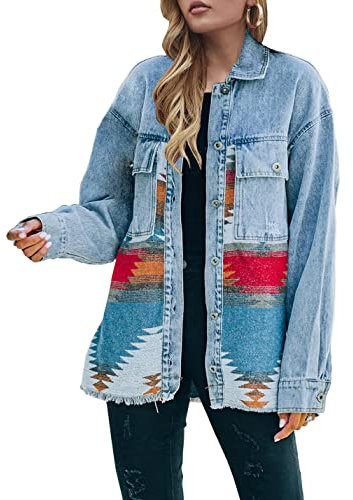 Lumister Damen Azteken-Jeansjacke, Used-Look, Revers, lange Ärmel, Vintage-Stil, Button-Down, Jeansjacke, Shacket, Mehrfarbig, XXL