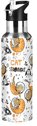 Bouteille d'eau en acier inoxydable avec paille, motif chat dans l'espace, gourde de sport pour enfants et adultes, étanche, 600 ml