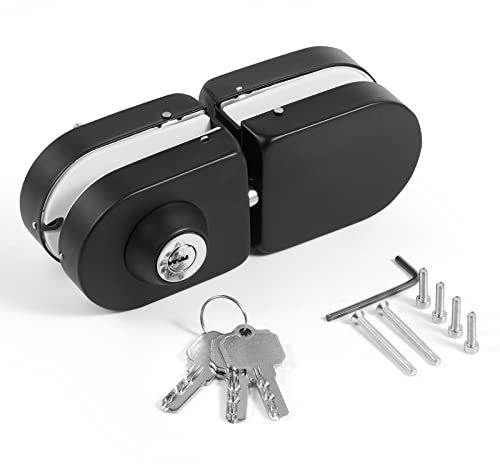 Serratura per porta in vetro senza fori, finitura nera opaca, con chiave e pomello, compatibile con vetro temperato 10-12 mm, installazione rapida, acciaio inox 304, design elegante e moderno.