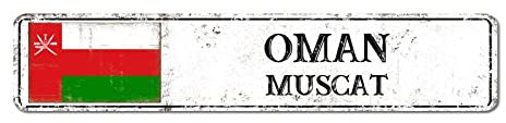Hauptstadt Muscat Metallschild Oman Vintage Aluminium Schild Landflaggen Stadt Souvenir Wandkunst Dekor Pub Diner Cafe Poster Home Bar Club Garten Bauernhof Garage Dekoration 8 x 45 cm