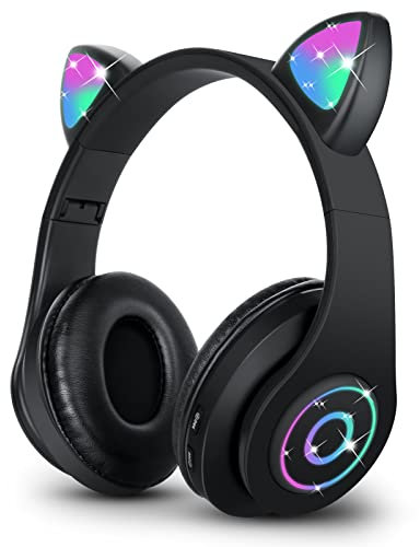 Sendowtek Wireless Headphones for Kids Adults, Over Ear Cute Cat Ear Earphone with Flashing Lights Built-in Mic Cute Headphones for Kids Boys Girls(Black)