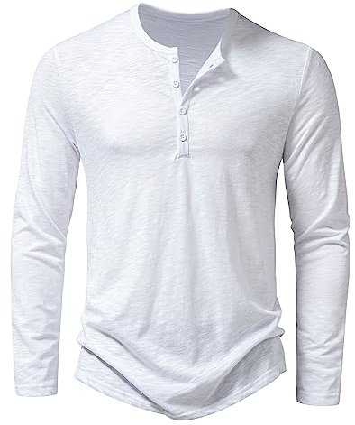 Men's Casual Grandad Collar Henley T Shirt Muscle Fit Summer Smart Long Sleeve 4 Buttons Tee Slim Fitted Collarless Polo T-Shirts Tops-Z-White-L
