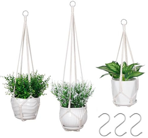 YIBOT Paquete de 3 macetas colgantes de macramé para interiores con cuentas de madera, soporte decorativo para macetas, sin borlas, para interiores y exteriores, decoración bohemia del hogar (algodón,