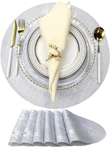 EKKONG Tovagliette Natalizie Rotonde, Sottopiatti Lavabili Rotondi 6 Pezzi PVC Antiscivolo Resistente al Calore Tovaglietta Natalizie per la Decorazione Della Tavola (Argento)