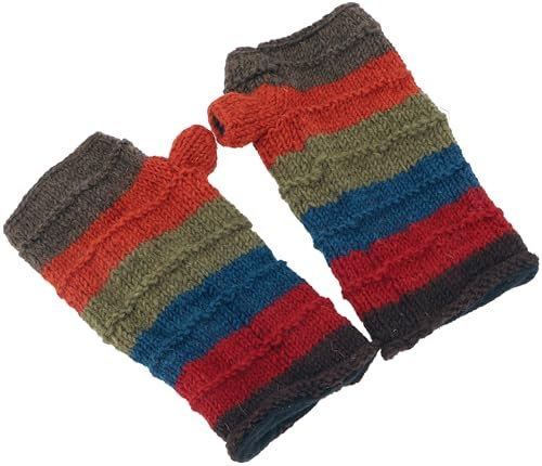 GURU SHOP Geringelte Handstulpen aus Nepal, Handgestrickte Pulswärmer aus Schurwolle - Olivgrün/bunt, Herren/Damen, Synthetisch