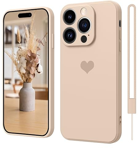 iPhone 15 Pro Hülle Silikon Case mit Herz, SupVict Hanyhülle iPhone 15 Pro Ultra Dünn mit Microfiber, Kratzfeste Rundumschutz Case Stoßfest Slim Schutz Hülle für iPhone 15 Pro 6.1'' Khaki-Herz
