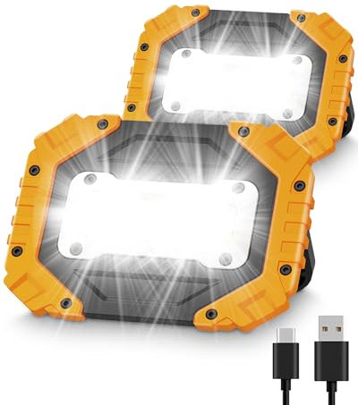 Rumicet Lampe de Travail Portable Rechargeable 30W, 4 modes COB LED Rechargeable Projecteur, Super Lumineux Projecteur extérieur COB avec USB étanche pour Camping,Garage, Batterie Lncluses, 2 Pack