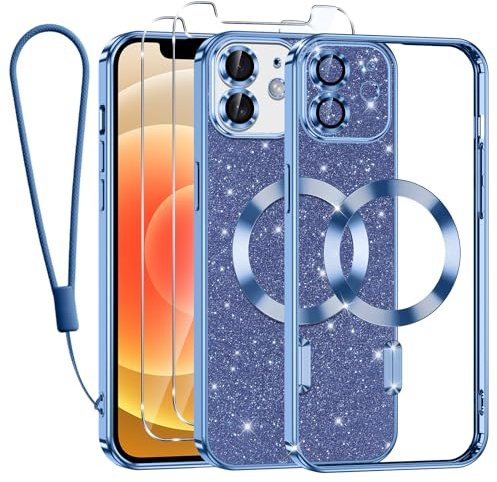 Kokio Glitter Magnetica Cover per iPhone 12 con Cordino, Compatibile con MagSafe, Brillantini Sottile Silicone TPU Antiurto Custodia per iPhone 12 con 2 Vetro Temperato Bumper, Blu