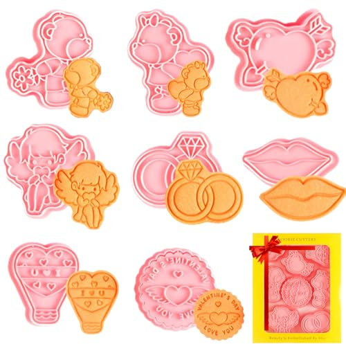 PTaizjjz Juego de cortadores de galletas para el día de San Valentín, 8 cortadores de galletas de plástico para boda, cortadores de relieve prensables para San Valentín, suministros de horneado