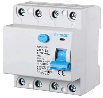 ETTROIT Interruptor magnético diferencial puro salvavidas para barra DIN 4 módulos 4P 25A 415V 300mA 6KA