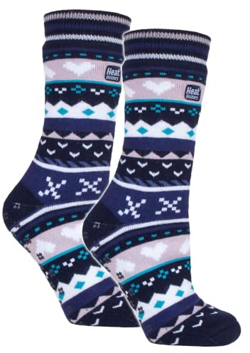 HEAT HOLDERS Damen 2 Paar Multi Gemusterte Thermosocken Antirutsch Kuschelsocken mit Noppen für Winter (37-42, Marineblau/Lila)