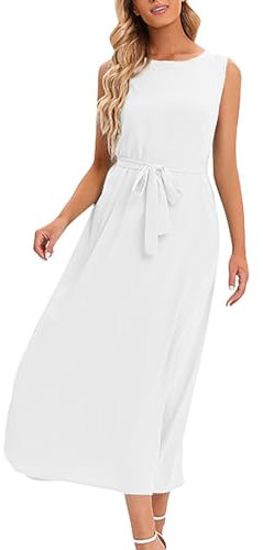 BOTCAM Abendkleider Damen Elegant Partykleid Ballkleid lang Maxikleider mit Gürtel Strandkleid Ärmellos Rundhals Sommerkleid Einfarbig Freizeitkleider Vestkleid Off Shoulder Kleid Leicht und Luftig