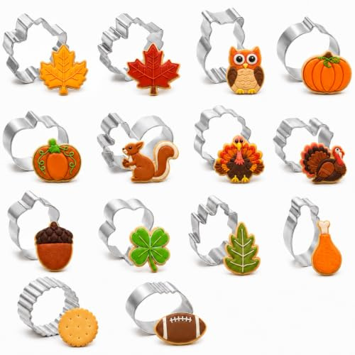 PTaizjjz Fall Thanksgiving Cookie Cutter Set,14PCS Mini Fall Cookie Cutters | Stainless Steel Pumpkin, Maple Leaf, Squirrel, Owl,Turkey And More