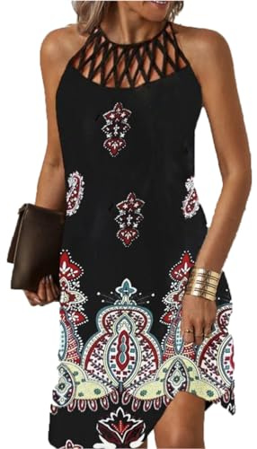 GRMLRPT Robe Femme d'Été sans Manches Boho Mi-Longues Style Ethnique Élégant Imprimé Mesh Rétro Neckholder Loisirs Robes de Plage(Noir-1,S)