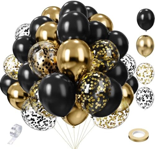 Luftballons Geburtstag Schwarz Gold 65 Stk 12 zoll 5 zoll SKYIOL Latex Ballons Goldene Konfetti Luftballons Metallic Ballons mit Girlande Streifen für Hochzeit Abschluss EID Silvester Neujahr Deko