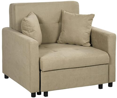 HOMCOM Poltrona Letto Singolo con 2 Cuscini e Spazio Portaoggetti, Divano Letto Singolo per Soggiorno in Tessuto Effetto Velluto e Metallo, 100x98x88 cm, Marrone Chiaro