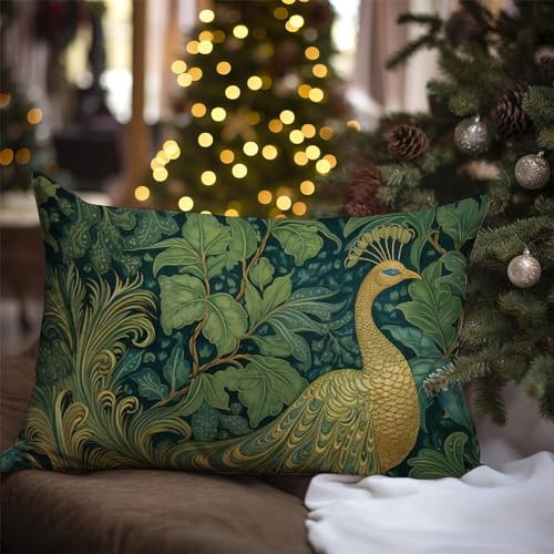Kissenbezüge Gold Und Grün Pfau Chinoiserie Vogel Und Blume Grün Chinoiserie Chic Asiatisch Weiß Kopfkissenbezug Waschbar Kissenhüllen Moderne Dekokissen Kissenhülle Für Wohnzimmer Büro 40x60cm