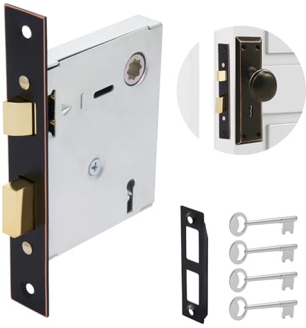 Old Mortise Lock Replacement Parts Vintage Style Mortise Lock Set for Interior Doors, Oil Rubbed Bronze Plated Finish, Reversible Latch Bolt, Antique Skeleton Keys