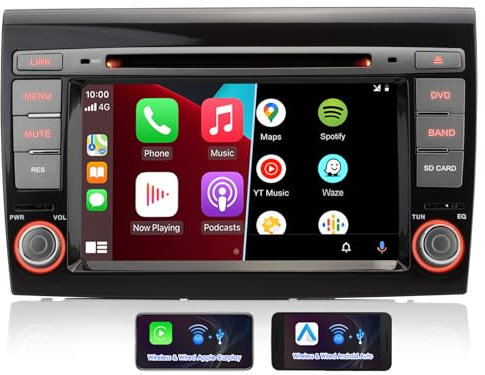 iFreGo Autoradio 2 DIN 7 Zoll Car Stereo mit Bluetooth, Carplay, Auto Play,GPS, FM, DVD, Touchscreen Car Audio Bluetooth, Lenkradsteuerung, 7 Bunte Lichter für FIAT Bravo (2007-2012)