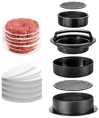 CANCYCC Burgerpresse, 4-in-1 Hamburgerpresse Set, Profi Burger Patty Presse mit 100 Blatt Antihaft Burgerpapier, Spülmaschinenfest, Burger Presse für leckere Hamburger, Patties