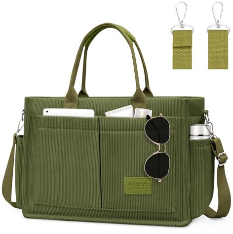 Tokeya Handtasche Damen Cord Umhängetasche Damen Groß Tote Bag mit Mehrere Taschenfach, Kord Shopper Tasche Damens, Crossbody Bag Frauen Schultertasche für Arbeit Büro Reisen Einkaufen Schule, Grün