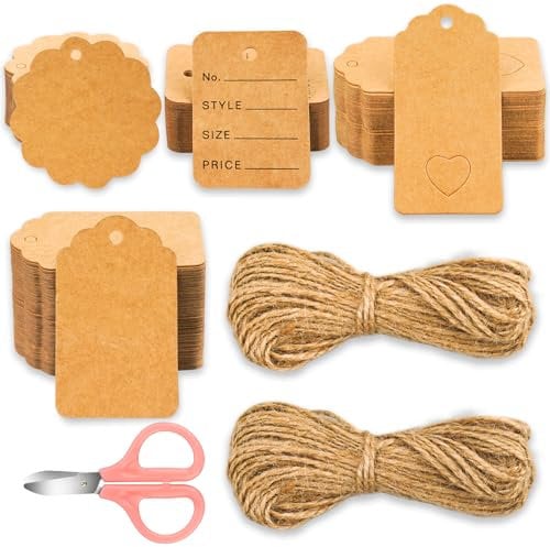 wonkeken 220PCS Kraft Paper Tags Christmas Labels 4 Styles Brown Gift Tags Price Tags with 20 Metres of Twine and Scissors for Christmas Decoration Gift Packaging DIY Crafts