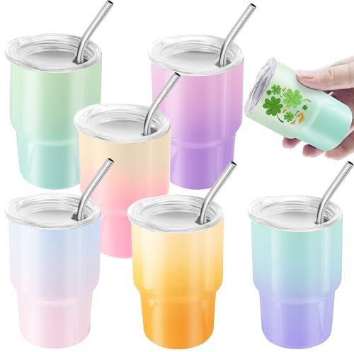 FOGWOWO 6 Pack 3 oz Gradient Mini Tumbler Shot Glass with Straw and Lid,Sublimation Shot Glasses Stainless Steel Vacuum Insulated Mini Tumblers Cups Gifts for Wedding Cocktail Party