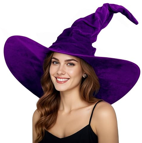 JEGERMIG Hexenhut für Damen, Samt, gerüscht, Maskerade, übergroß, breite Krempe, Party-Halloween-Zubehör
