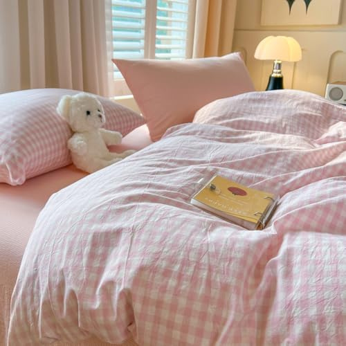 Covebett Bettwäsche 200x200 Mädchen Rosa Weiß Kariert mit Kissenbezug 80x80 | Bettbezug Set, 3 Teilig, Karo, Gitter, Landhaus, Geometrisch, Bettwäsche-Sets, Weich Microfaser, Aesthetic, Reißverschluss