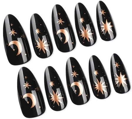 24Pcs Women's Gothic Black Long French Tip Press On Nails With Star Moon Designs Almond Shape Faux Nails Glues On Nails