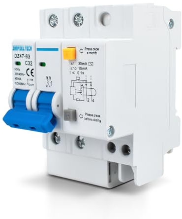 Innfeeltech 1 pièce 32 Ampère 230V Disjoncteur MCB bipolaire type B pour montage sur rail DIN avec protection contre les courants de fuite