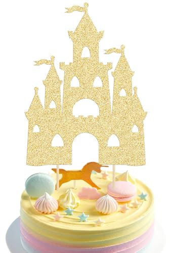 Ephlyn 1Pcs Castle Cake Topper Glitter Princess Castle Theme Birthday Cake Decorations Queen Castle Cake Pick for Princess Prince Birthday Baby Shower Party Supplies Gold