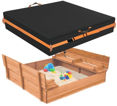 Sandbox Cover, Outdoor Large Sandbox Cover for Preschoolers, Waterproof Square SandBoxs Covers for Sand Protection, Featuring Handles, Strap with Buckle, Bottom Drawstring（Black，50 L×50 W×8 H
