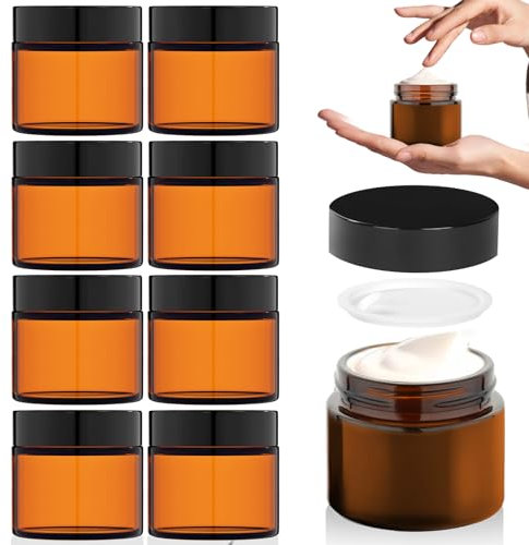 HOTUT Amber Glas Leerdose, 8 Stück 60ml Cremedosen zum Befüllen, Braunglas salbentiegel mit Deckel und Liner, Nachfüllbare Cremetiegel für Kosmetik, Lotion, Cremes