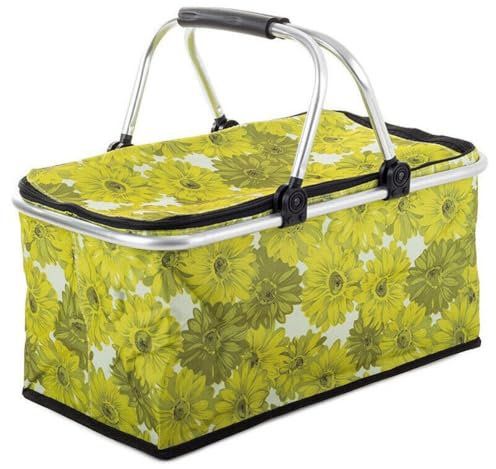 Alu Einkaufskorb Tasche Faltbar Picknickkorb Klappbar mit Deckel Kühlkorb Thermo (Grüne Blumen)