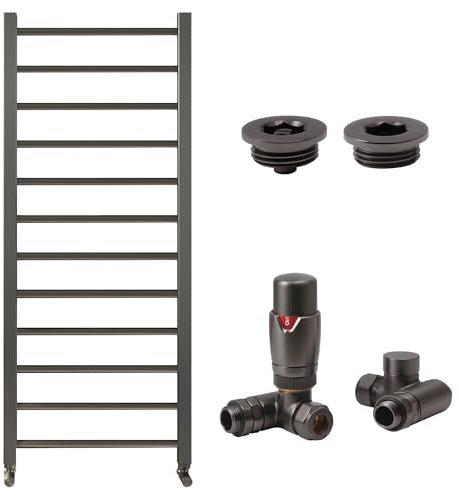 Gunmetal Bathroom Straight Heated Towel Rail Radiator 800 x 500 with Dual Fuel Thermostatic Valves & Air Bleed Vent Set