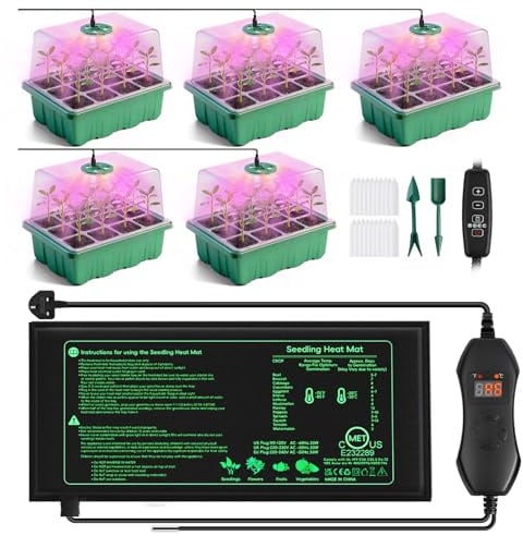 YAUNGEL Mini Serre avec Lampe pour Plantes Tapis Chauffant, 5 Pièces Mini Serre pour Semis avec Thermostat Luminosité Réglable, Serre épaissie avec Couvercle et Ventilation