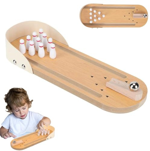 Wooden Tabletop Bowling Game Set – Mini Bowling Toy for Kids & Adults, Classic Wooden Desktop Bowling Lane with 10 Pins & Metal Ball, Portable Indoor Family Party Game Gift for Home or Office