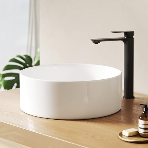 EMKE Aufsatzwaschbecken Rund, 35 x 35 x 11 cm, Weiß | Keramik Waschbecken Klein, 45 mm-Ablauföffnung, ohne Armatur, kleins Waschtisch für Badezimmer und Gäste-WC