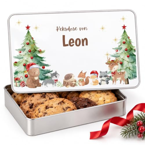 Kidsmood Keksdose Weihnachten eckig personalisiert mit Namen, Plätzchendose | Rechteckige Metall Geschenkbox mit Deckel für Kinder, Oma, für Geschenke an Kollegen, Gebäckdose eckig (19,8 × 12,8 cm)