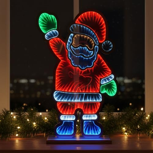 Almineez Christmas 3D Santa Infinity Mirror LED Light with Wooden Base – Double Sided Tunnel Holiday Decoration Lamp for Indoor Holiday Décor, Mains Operated Table or Mantelpiece Xmas Decor