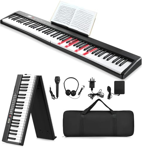 88 Key Electronic Piano Keyboard with Lighted Up Keys, Portable Semi-Weighted Folding Electric Digital Piano Keyboard with Bluetooth, USB MIDI,1000 Rhythms, 1000 Tones and 150 Demos for Beginners